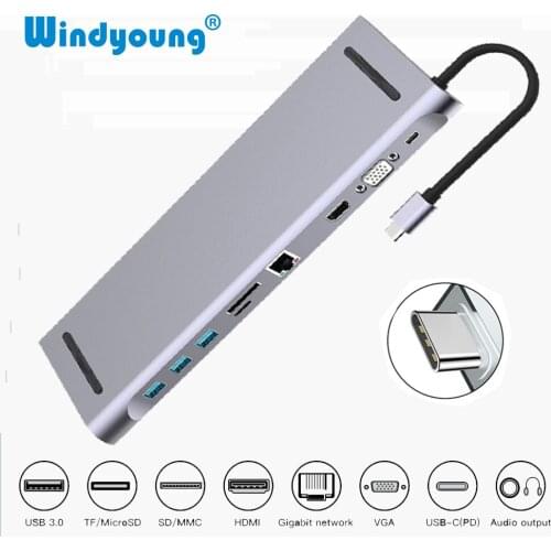 Multi 10 in 1 USB Type C HUB to HDMI VGA RJ45 USB 3.0 HUB Converter with SD/TF Card Reader Audio USB C Adapter for MacBook Pro