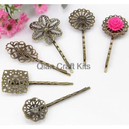 50pcs mixed styles Vintage Filigree Hairpins Hair Pins, Bobbypins Antique Brass Waved Hair Clips Base Settings