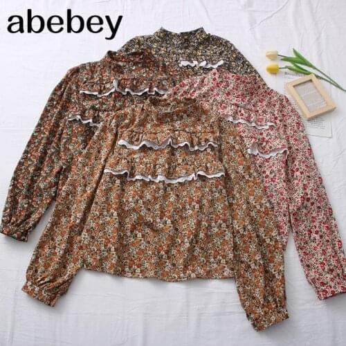 2021 New Spring women Korean retro floral print chiffon blouse lace edge and Lantern Sleeve Blouse