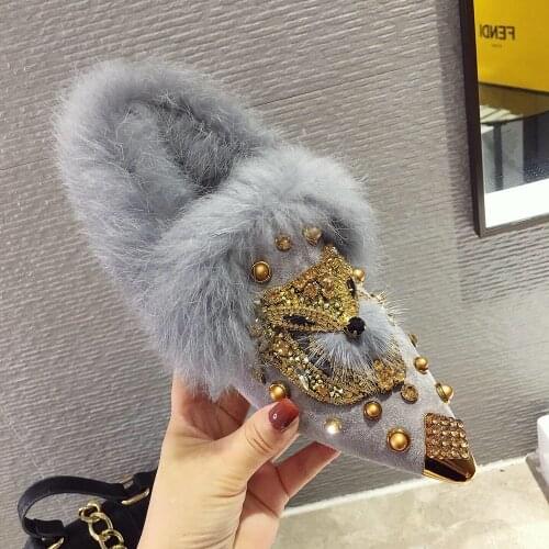 Womens Metal Toe Fox Rhinestones Crystal Rivet Real Fur Loafers Low Heel Warm Winter Mules Shoes Slip On 3Colors New 2021