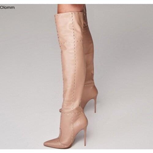 Olomm 2020 Handmade Women Thigh High Studded Boots Sexy Stiletto Heels Pointed Toe Gorgeous Nude Party Shoes Women US Size 5-15