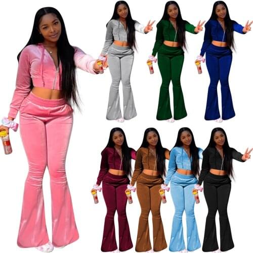 Echoine Casual Women Velvet Tracksuit Two Piec Set winter Zip Hood Crop Tops Flared trousers Sportsuit Matching Clothes Outfits