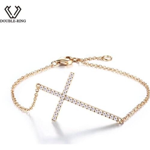 DOUBLE-R Created white Topaz cross Bracelets Soild 925 Sterling Silver Golden Bracelets Fine Wedding Jewelry