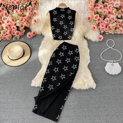 Neploe Diamond Star Printed Bodycon Women Skirt Sets Stand Collar Sleeveless Crop Tops + A-line Split Skirts Two Piece Suits