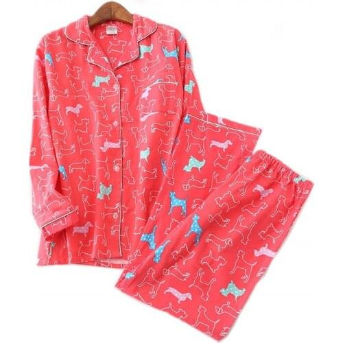 2021 Spring Autumn Women Casual Cartoon Pajama sets Female Soft 100% Cotton Sleepwear suit Women Turn-down collar shirt & Pants