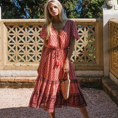 Super Chic floral boho dress V-neck tassel tied short sleeve women dress ruffled tiered summer dress casual dresses for women