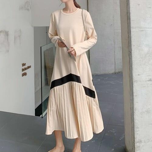 Spring Autumn New 2021 Casual Pleated Long Dresses Long Sleeve O-Neck High Waist Colorblock Striped Print Loose Dresses Ladies