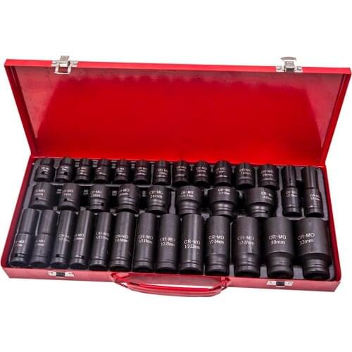 35x Air Deep Impact Socket Garage Workshop Tool Set Kit 1/2" Drive 8-32mm Metric 6 Point Remover Installer