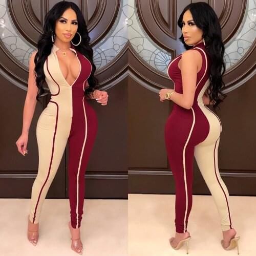 Casual Women Jumpsuit Color Patchwork Sleeveless Front Zipper Bodycon Streetwear Long Romper Women Jumpsuit Outfit
