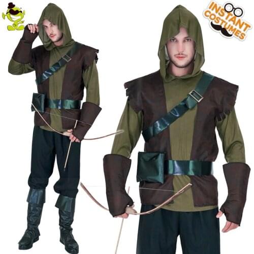 Mens Huntsman Hooded Costume Brave Green Role Play Party Dress Up Clothing for Halloween Party Fancy Dress