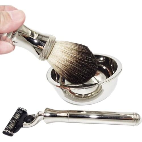 WLONG Pure Badger Hair Men Cleaning Shaving Tool Kit with Face Razor Set and Stainless Steel Soap Lather Mug Bowl
