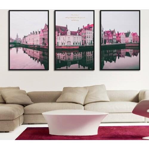 Simple Pink Castle Building Posters Scandinavian Style Living Room Home Decoration Canvas Painting Wall Art Pictures
