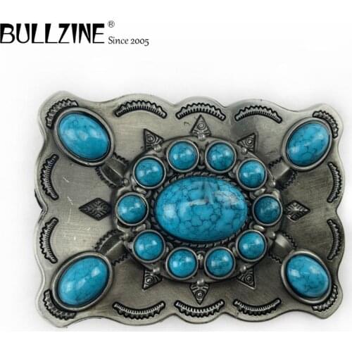The Bullzine wholesale Western belt buckle with blue stones with pewter finish FP-03415 suitable for 4cm width belt