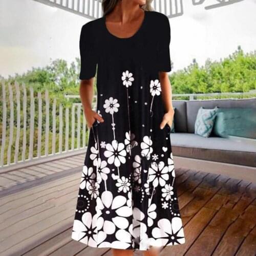 Summer Women Oversized Dress Vintage Print O Neck Short Sleeve Loose Waist Casual Streetwear Boho Seaside Female Beach Dress