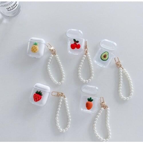 Delicious Cute Fruit Decor Clear TPU Soft Case for Apple Airpods 1 2 Bluetooth Earphone Cover Box with Pearl Bracelet Key Ring