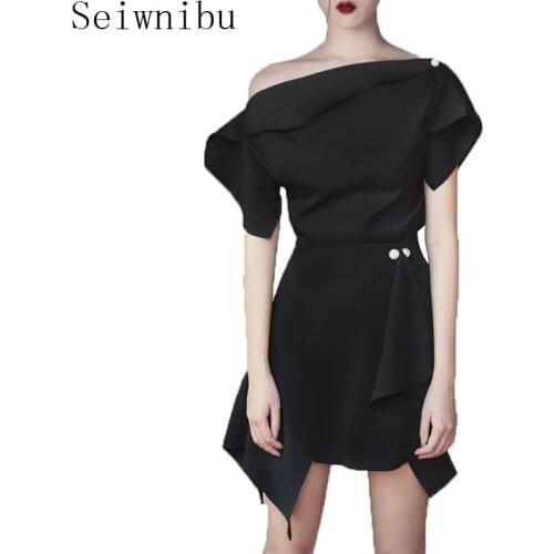 Seiwnibu New 2020 Summer Women Runway 2PCS Set Sexy Fashion Black Ruffles Off Shoulder Shirt Tops + Beading Irreguls Skirts Set