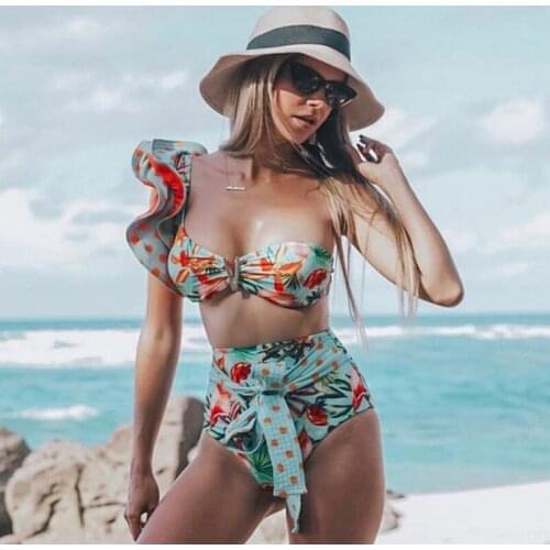Sexy Bikini 2021 Swimsuit Women 2 Pieces Swimsuit with Large Flounces and Floral Print Push Up Swimwear Bathing Suit Women