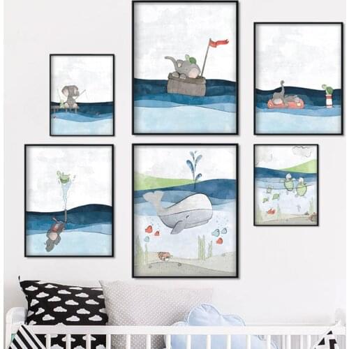 Blue Sea Tortoise Whale Elephant Animal Art Canvas Painting Cartoon Nordic Posters And Prints Wall Pictures Baby Kids Room Decor