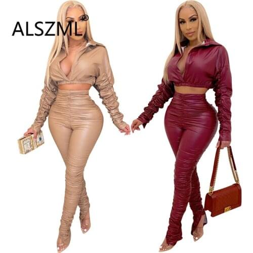 Deep V Neck Long Sleve Simple Pure Color Crop Top And Pants 2 Pieces Set High Street Chic Layd Fashion Tracksuits