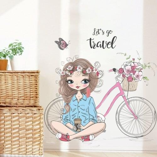 Bicycle girl wall stickers, childrens room living room bedroom decoration wall stickers, home decoration stickers. Vinyl decals