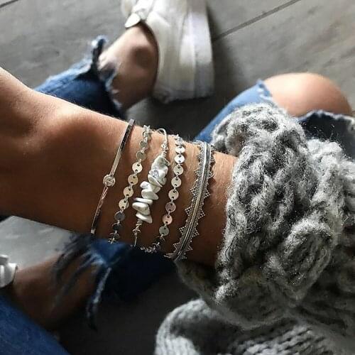 Vintage Geometric Crown Sequins White Stone Crystal Fashion Bracelets For Women Boho Multiple Layers Bracelet Set Jewelry