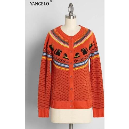 Witches Knitted Cardigan for Halloweens Party Girls Geometric Zig Zags and Stripes Coat Womens Long Sleeve Black Cat Jacket