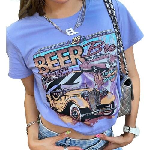 Ladies Summer Round Collar T-shirt Girls Creative Car Letter Printing Short Sleeve Midriff-baring Tops Slim Base Shirt