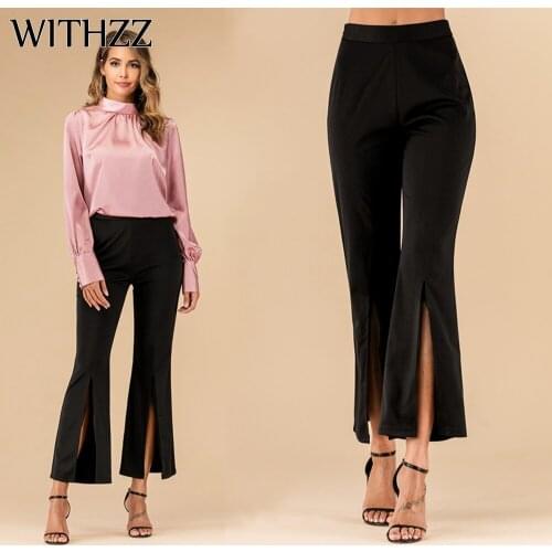 WITHZZ Spring Autumn Solid Color Flared Pants Womens Split Wide Leg Pants Office Lady Pants