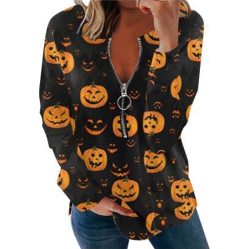 Women Halloween Long Sleeve Sweatshirts Pumpkin Ghost Printed Loose Tops Round Neck Tee Casual Autumn Party Zipper Streetwear