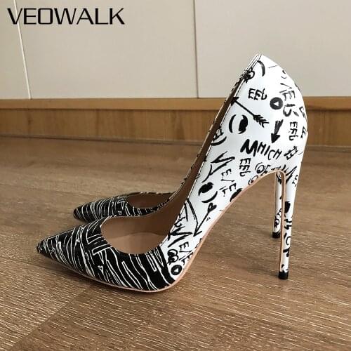 Veowalk Black and White Women Patent Print Pointed Toe Stiletto Pumps Fashion Designer Ladies High Heel Party Shoes Size 33-45