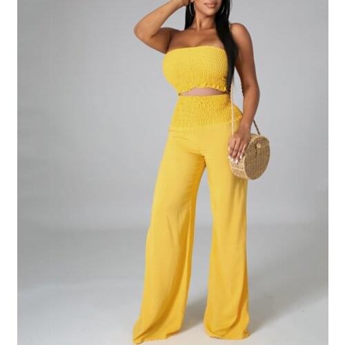 Women High Waist Pants Two Piece Summer Sleeveless Tube Top & Elastic Waist Trousers Set Solid Color Casual Wide Leg Pant Suits