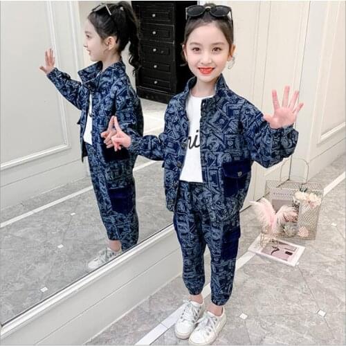 2021 Korea style girls 2 pcs denim set coat+long pants fashion autumn girls suit 3-8t B492