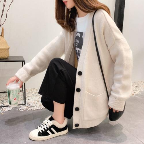 2021 Spring Autumn V-Neck Solid Pockets Preppy Young Style Single Breasted Thin Loose-fitting Women Sweaters Jumpers Cardigan