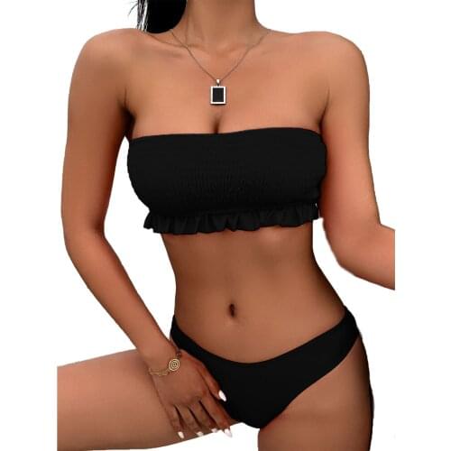 Strapless Two Piece Swimwear Women Swimsuit Ruffle Bikini Set Patchwork Flouncing Sleeveless Push Up Low Waist Brief