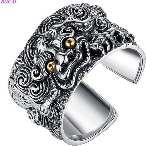 BOCAI S925 Sterling Silver Rings for Women 2021 Popular Fashion PiXiu God of Wealth Retro Pattern Pure Argentum Hand Ornaments