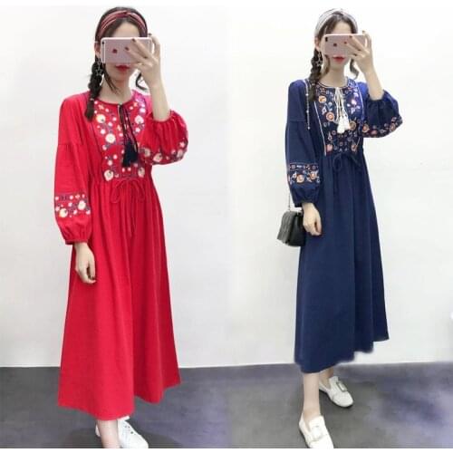 Robe Vintage Femme Mexican Embroidered Cotton Linen Puff Sleeve Red White Navy Blue Boho Chic Women Dress Autumn 2019 AA4785