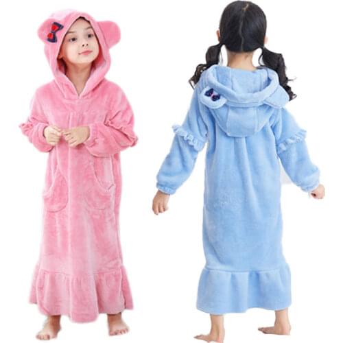 Winter Girls Bathrobe Flannel Childrens Pajamas 2-12Y Baby Hooded Sleepwear Warm Nightgown Teenager Nightdress Clothing