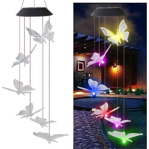 3 Colors Butterfly Wind Chime Solar Waterproof LED Butterfly Hanging Wind Bell for Garden Patio Yard Home Decor Landscape Lamp