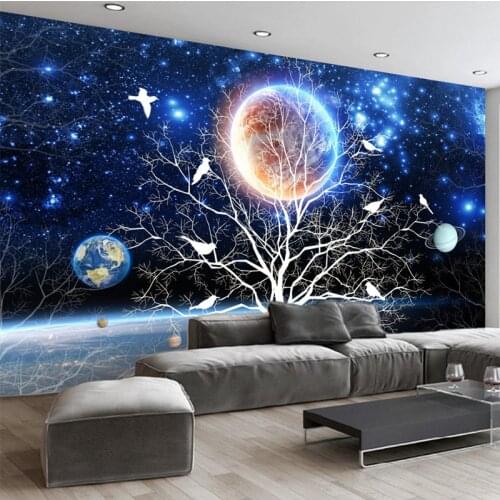 3D Cartoon Murals Wallpaper Modern Starry Sky Tree Flower Bird Photo Wall Cloth Children Kids Bedroom Home Decor Wall Covering
