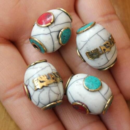 BD194 Ethnic Tibetan Brass Shell Six Words Mantras Loose Beads Oval Nepal Handmade Beads Jewelry Making 4 PCS Beads Lot