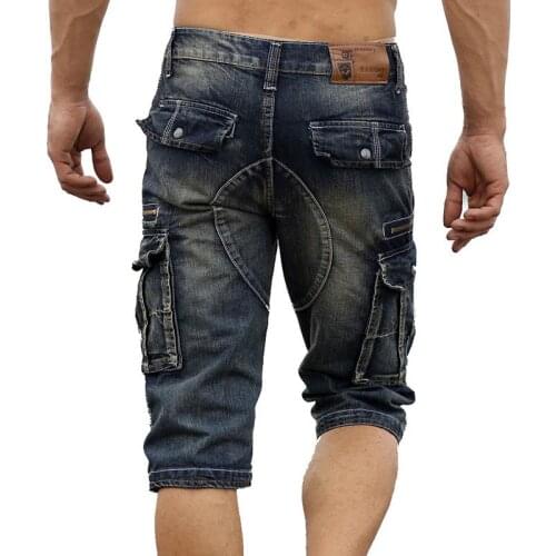 Mcikkny Vintage Mens Fashion Cargo Denim Shorts With Multi Pockets Slim Fit Military Jeans Shorts For Male Washed