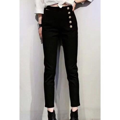 End Fashion Classic 8.28 Hollow out Side Gold Button Design Elastic High Waist Slim Pencil Pants 2021 New Women