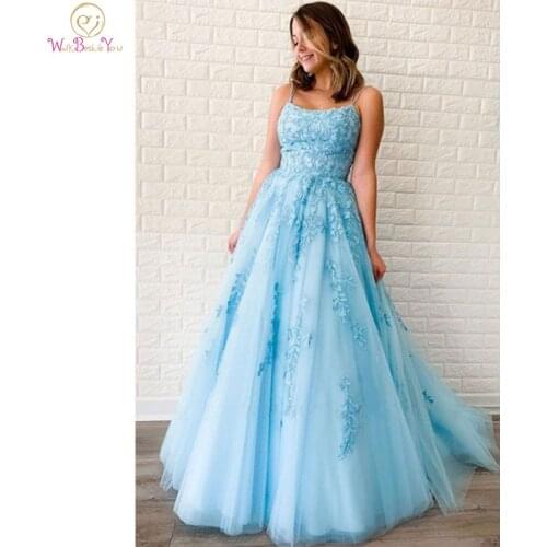 Elegant Evening Dresses 2020 Blue Yellow Spaghetti Strap Strapless Backless Applique Lace A Line Prom Dresses Sleeveless Prom