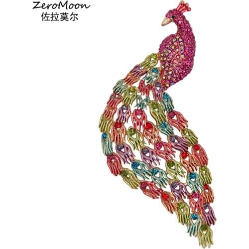 Rainbow Colors Enamel Peacock Brooch Pin Crystal Rhinestone Bird Metal Animal Women Garment Fashion Jewelry Accessory