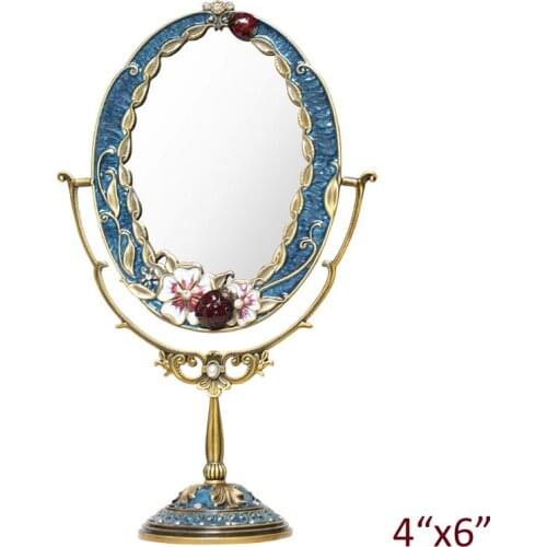 European Vintage Brass Blue Flowers and Beetle Design Jeweled 4x6 inches Oval Tabletop Metal Swing Cosmetic Mirror