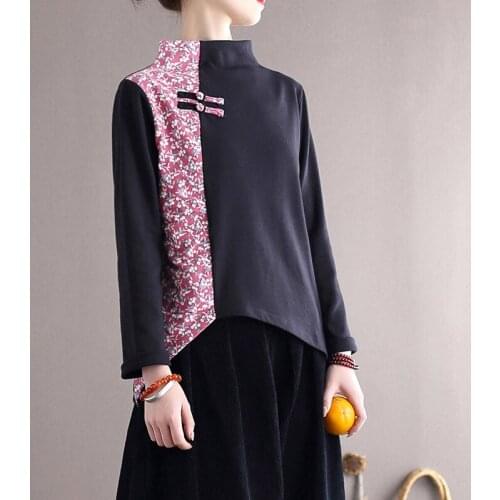 FairyNatural Ladies Turtleneck Patchwork Printed Floral T Shirts 2021 Autumn Spring Irregular Women Black Thick Retro Clothes
