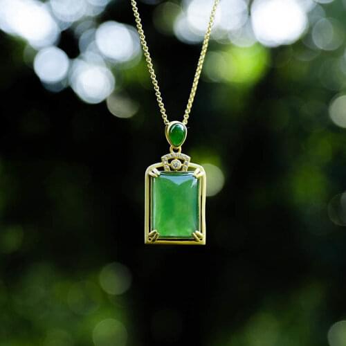 Natural Hetian Jade Green Jade Pendant Clavicle Chain S925 Sterling Silver Gold Jade Necklace Gift Ornament