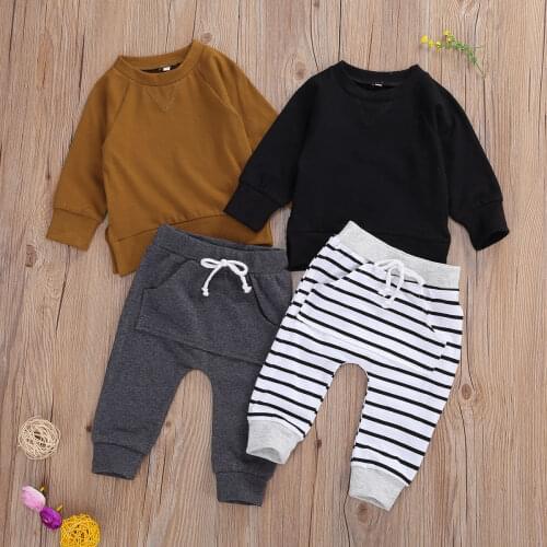 0-24M Baby Boys Clothes Sets Long Sleeve New Hot Fashion Pullover Sweatshirt Tops Solid/Striped Pants Trousers ropa de bebe