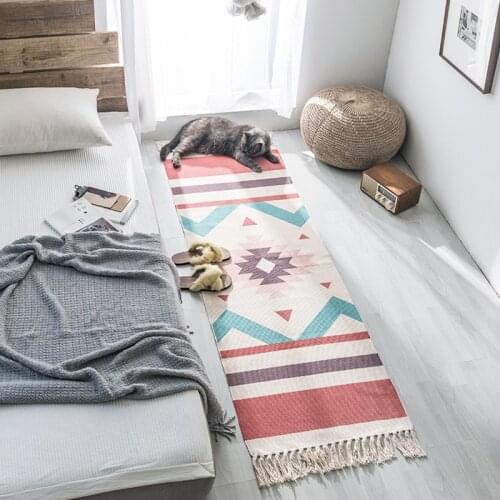 Retro Bohemian Hand Woven Cotton Linen Carpet Foot Pad Bedroom Study Room Floor Rugs Prayer Mattress home Decorative Blanket Rug