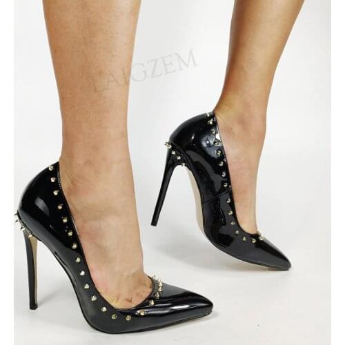 LAIGZEM Women Pumps Studded Slip On Stiletto High Heels Sandals Femalle Party Evening Ladies Shoes Woman Big Size 43 44 45 47